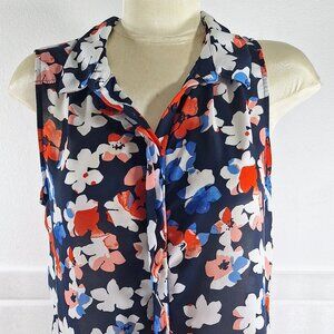 Elle Blue Red White Floral Sleeveless Button Down Blouse Women's M